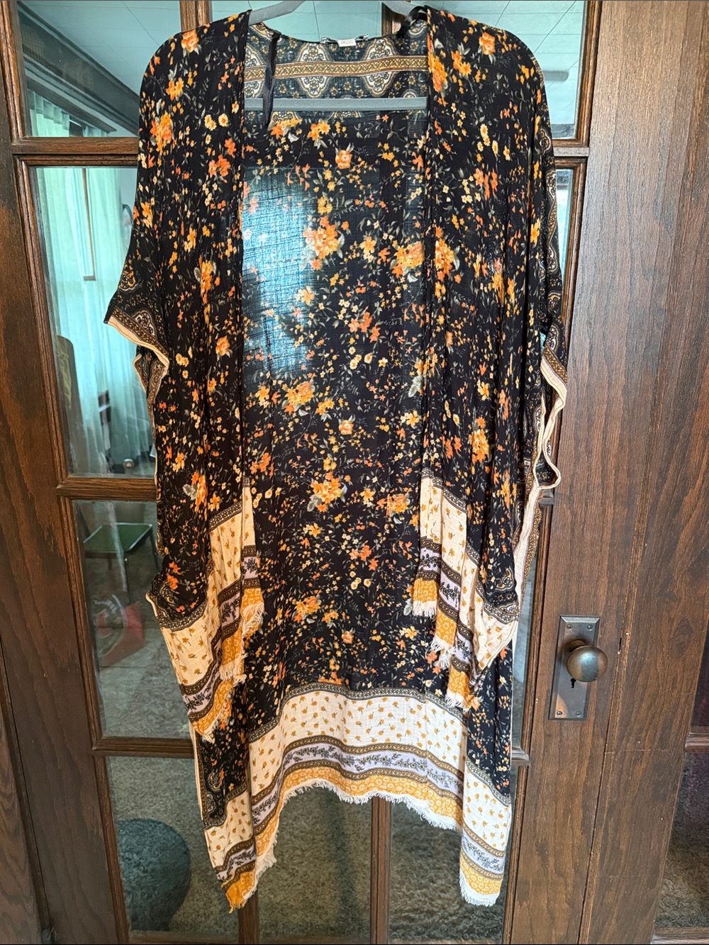 American Eagle Outfitters Black Floral & Mustard Border Kimono